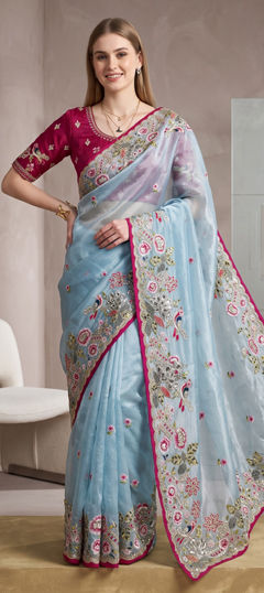 Blue color Saree in Chinon Silk fabric with Embroidered, Sequence, Thread work