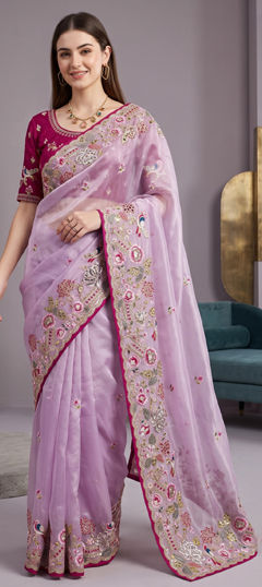 Purple and Violet color Saree in Chinon Silk fabric with Embroidered, Sequence, Thread work
