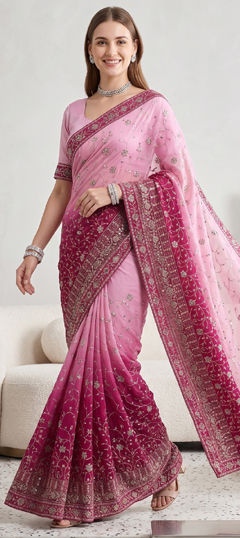 Pink and Majenta color Saree in Georgette fabric with Embroidered, Sequence, Thread work