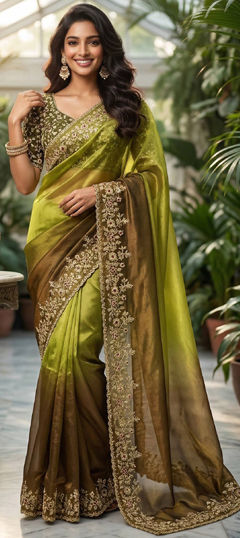 Green color Saree in Organza Silk fabric with Embroidered, Sequence, Thread work