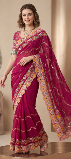 Pink and Majenta color Saree in Silk fabric with Embroidered, Mirror, Sequence work