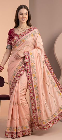 Pink and Majenta color Saree in Silk fabric with Embroidered, Mirror, Sequence work
