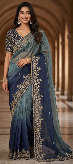 Blue color Saree in Organza Silk fabric with Embroidered, Sequence, Thread work