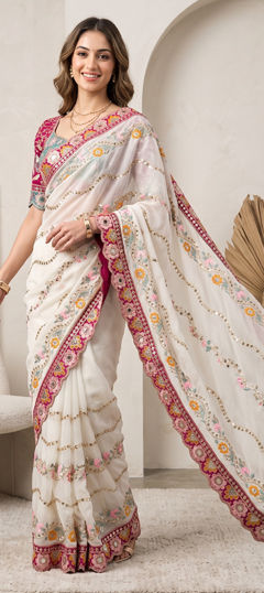 Beige and Brown color Saree in Silk fabric with Embroidered, Mirror, Sequence work