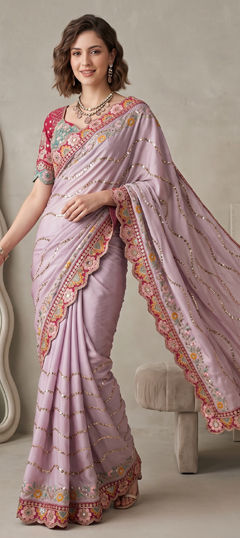 Purple and Violet color Saree in Silk fabric with Embroidered, Mirror, Sequence work