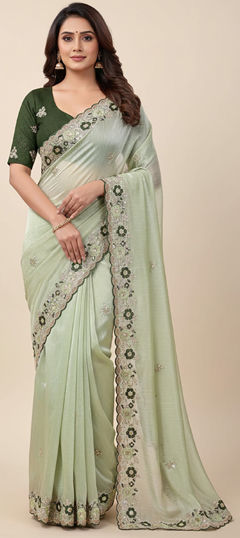 Green color Saree in Chiffon fabric with Embroidered, Sequence work