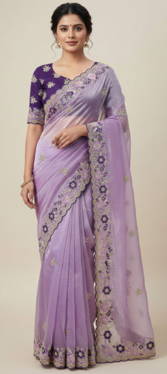 Purple and Violet color Saree in Chiffon fabric with Embroidered, Sequence work
