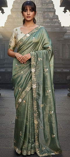Green color Saree in Crushed Silk fabric with Embroidered work