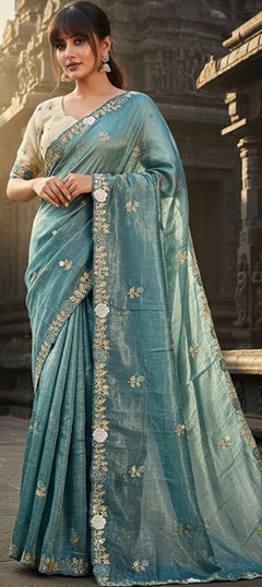 Blue color Saree in Crushed Silk fabric with Embroidered work