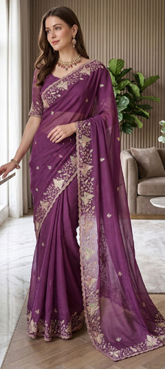 Purple and Violet color Saree in Georgette fabric with Embroidered work
