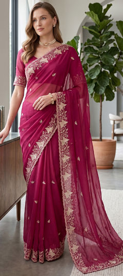 Pink and Majenta color Saree in Georgette fabric with Embroidered work