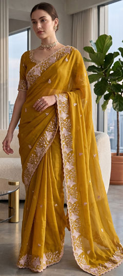 Yellow color Saree in Georgette fabric with Embroidered work