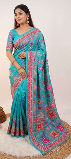 Blue color Saree in Chinon Silk fabric with Digital Print, Mirror work
