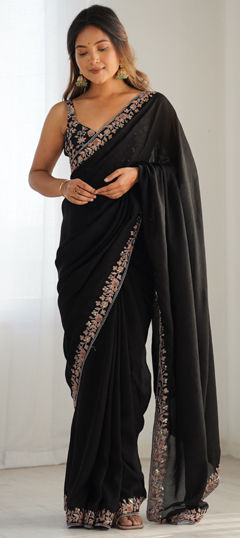 Black and Grey color Saree in Silk fabric with Embroidered, Sequence work