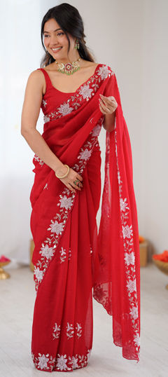 Red and Maroon color Saree in Satin Silk fabric with Cut Dana, Moti, Sequence work