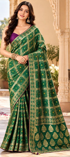 Green color Saree in Satin Silk fabric with Weaving, Zari work