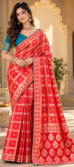 Red and Maroon color Saree in Satin Silk fabric with Weaving, Zari work