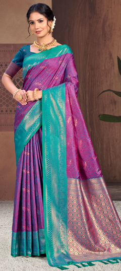 Pink and Majenta, Purple and Violet color Saree in Silk fabric with Weaving work