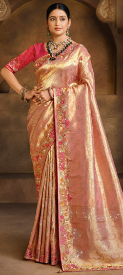 Pink and Majenta color Saree in Silk fabric with Embroidered, Resham, Weaving, Zircon work