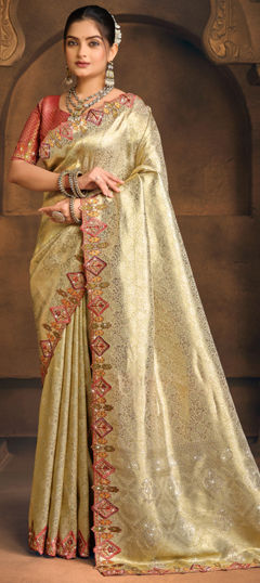 Yellow color Saree in Silk fabric with Embroidered, Resham, Weaving, Zircon work