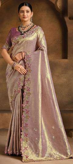 Purple and Violet color Saree in Silk fabric with Embroidered, Resham, Weaving, Zircon work