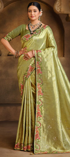 Green color Saree in Silk fabric with Embroidered, Resham, Weaving, Zircon work