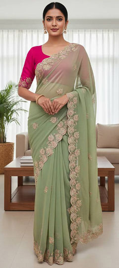Green color Saree in Chiffon fabric with Embroidered, Sequence work
