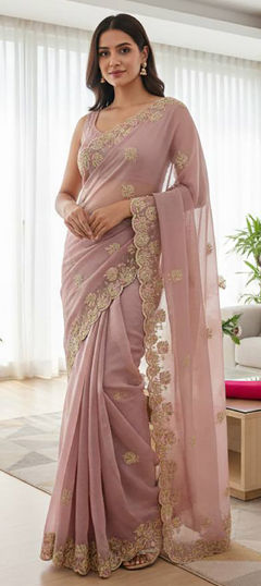 Purple and Violet color Saree in Chiffon fabric with Embroidered, Sequence work