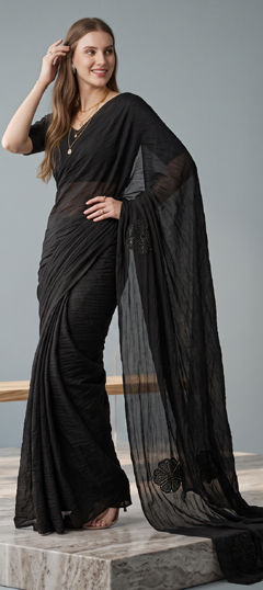 Black and Grey color Saree in Georgette fabric with Embroidered, Sequence work