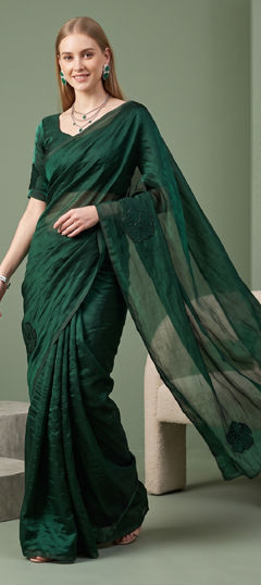 Green color Saree in Georgette fabric with Embroidered, Sequence work