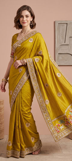Yellow color Saree in Silk fabric with Embroidered, Moti work