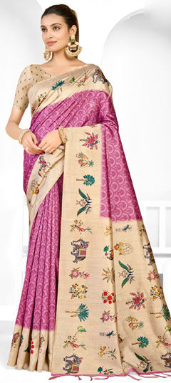 Pink and Majenta, White and Off White color Saree in Silk fabric with Printed work