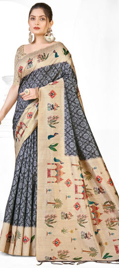 Beige and Brown, Blue color Saree in Silk fabric with Printed work