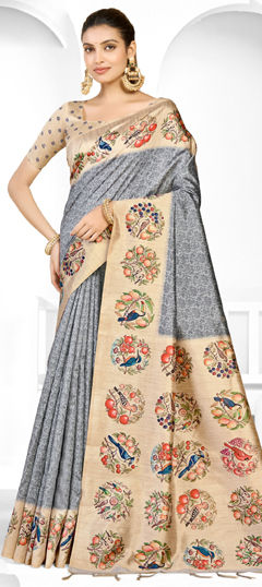 Beige and Brown, Blue color Saree in Silk fabric with Printed work
