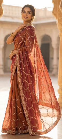 Orange color Saree in Silk fabric with Embroidered work