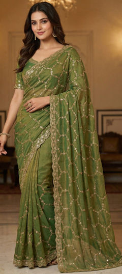Green color Saree in Silk fabric with Embroidered work