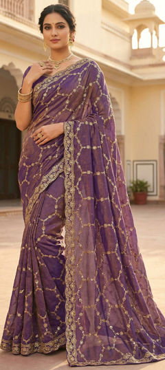 Purple and Violet color Saree in Silk fabric with Embroidered work