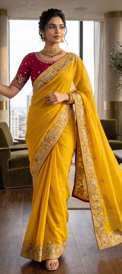 Yellow color Saree in Georgette fabric with Embroidered work