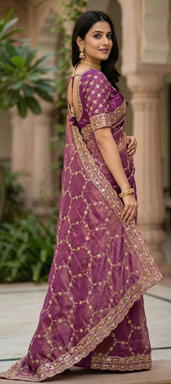 Pink and Majenta color Saree in Silk fabric with Embroidered work