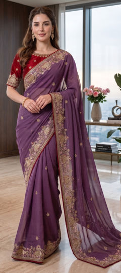 Purple and Violet color Saree in Georgette fabric with Embroidered work