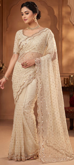 Beige and Brown color Saree in Silk fabric with Bugle Beads work