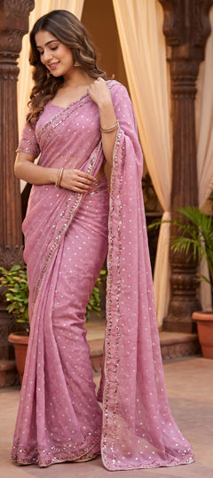 Pink and Majenta color Saree in Silk fabric with Bugle Beads work