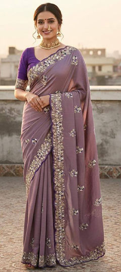 Purple and Violet color Saree in Silk fabric with Embroidered, Sequence work