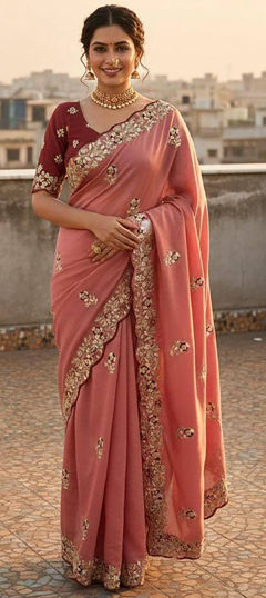 Pink and Majenta color Saree in Silk fabric with Embroidered, Sequence work