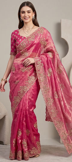 Pink and Majenta color Saree in Tissue fabric with Bugle Beads, Embroidered work