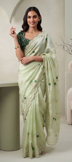 Green color Saree in Tissue fabric with Embroidered work
