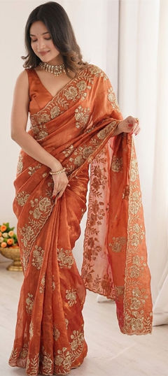 Orange color Saree in Tissue fabric with Bugle Beads, Embroidered work