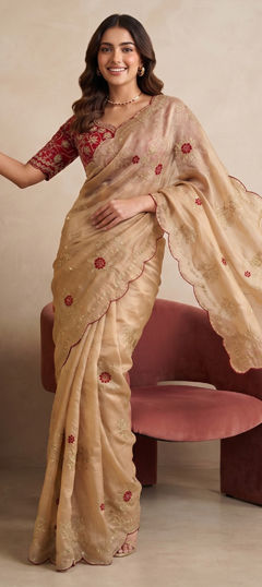 Beige and Brown color Saree in Tissue fabric with Embroidered work
