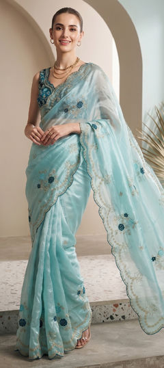 Blue color Saree in Tissue fabric with Embroidered work