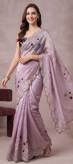 Purple and Violet color Saree in Tissue fabric with Embroidered work